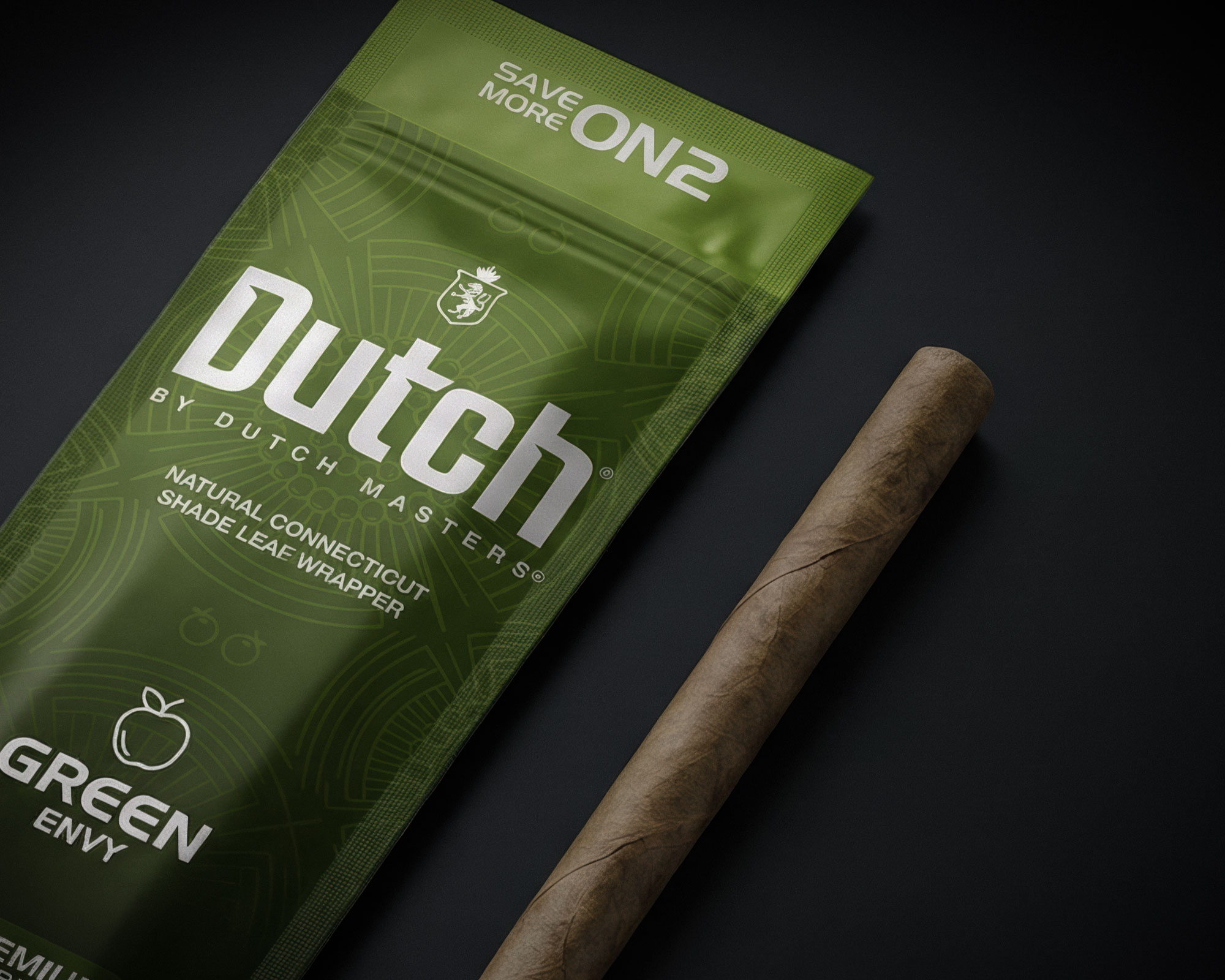 Dutch Masters Green Envy cigarillo packaging mockup with cigar