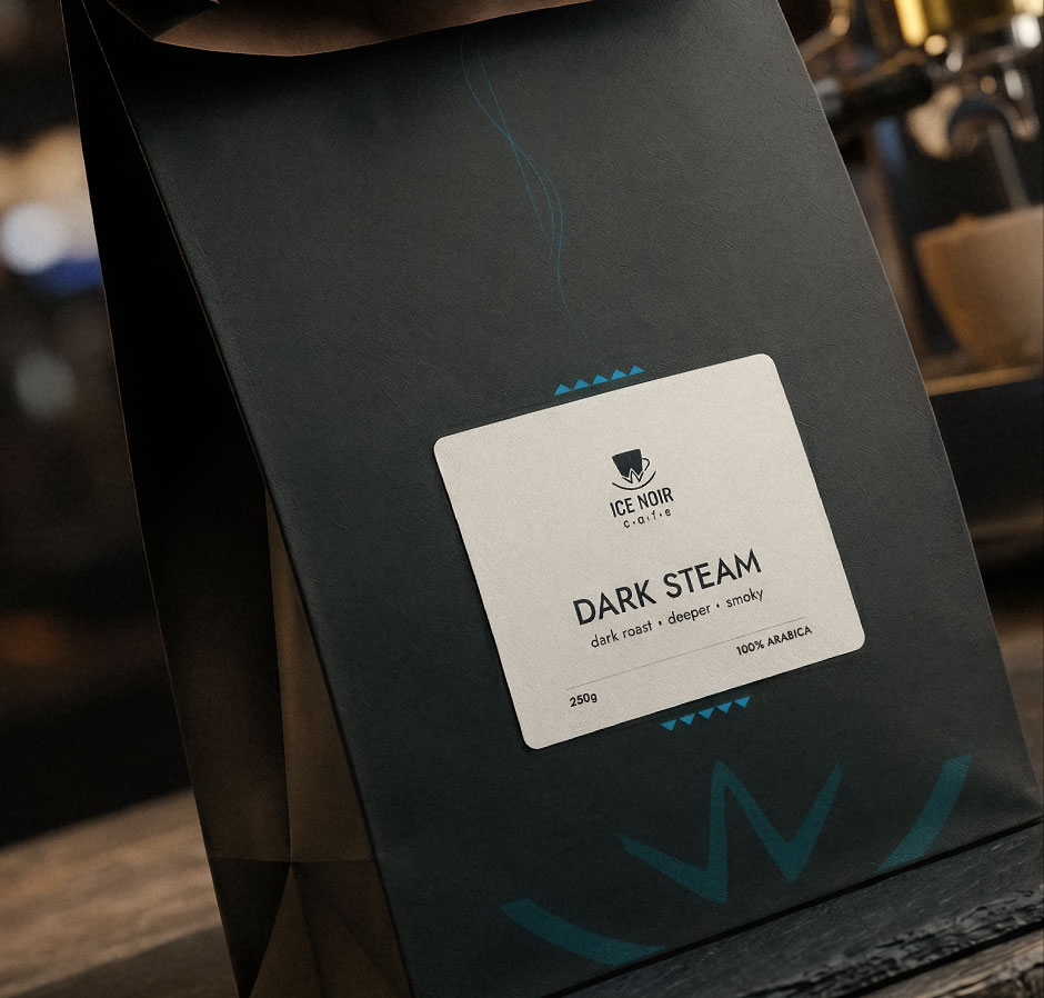 Close-up of Ice Noir Cafe dark steam coffee bag with label and subtle logo pattern