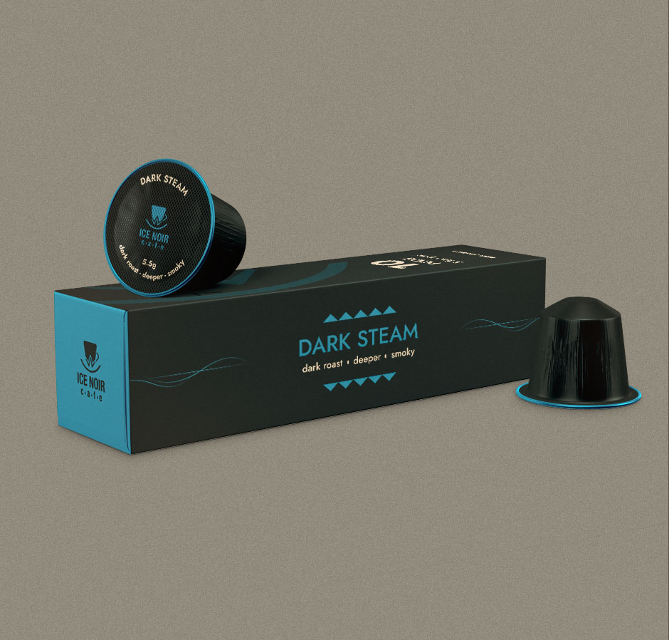 Ice Noir Cafe capsule box and coffee pod packaging mockup in cyan and dark steam colors