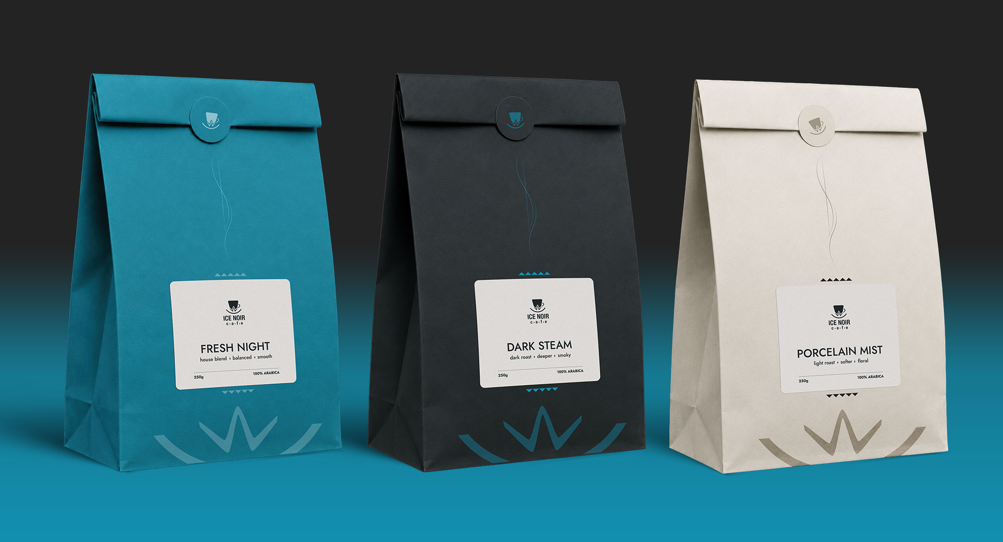 Three Ice Noir Cafe coffee bags in cyan, dark steam, and porcelain mist packaging colors