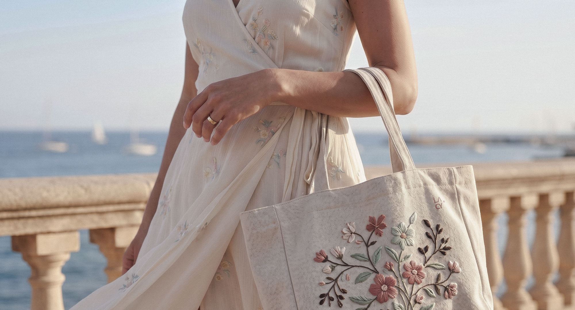 LA.CY embroidered textile tote bag in a seaside fashion editorial scene