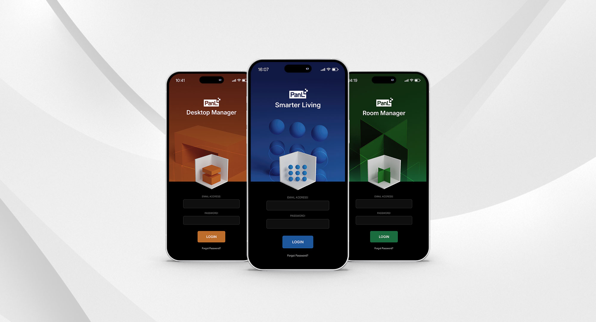 PanL mobile login screens for Desktop Manager, Smarter Living, and Room Manager apps