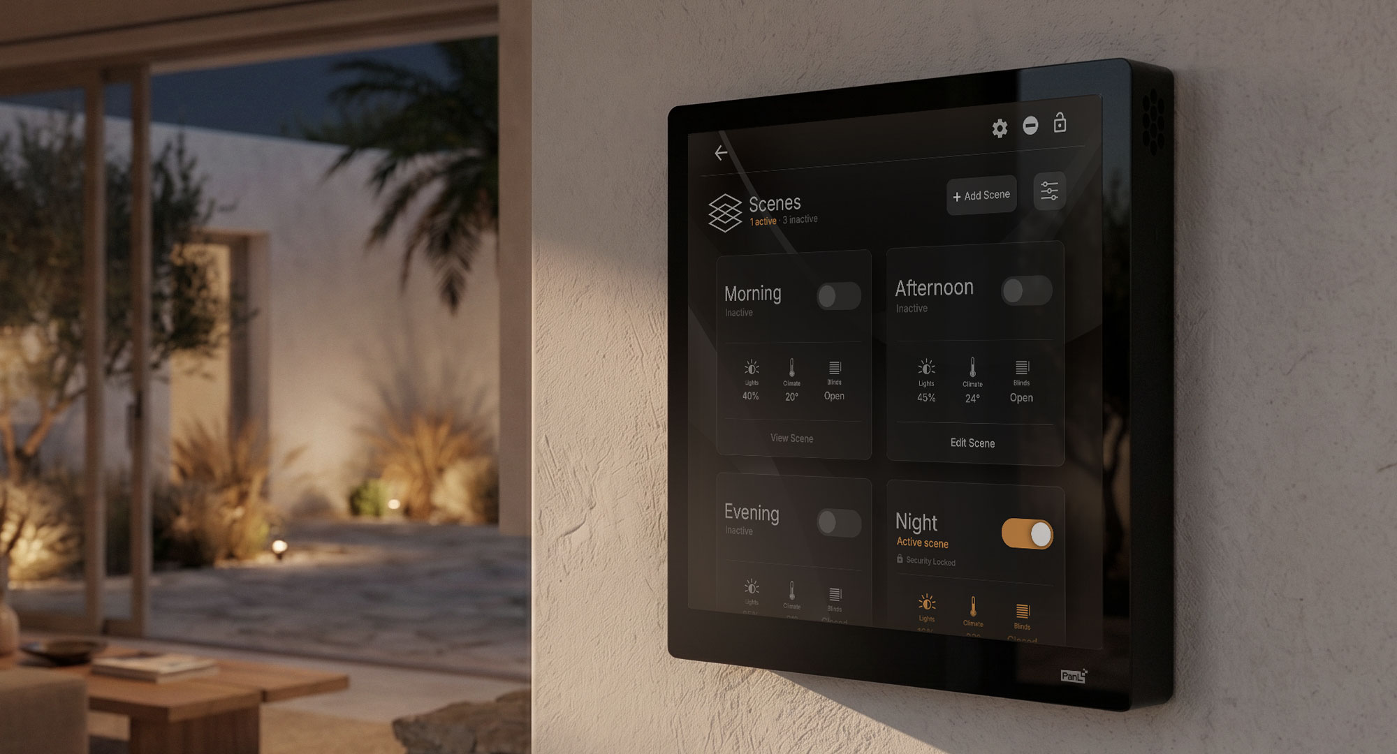 PanL wall-mounted control panel shown inside a modern home interior