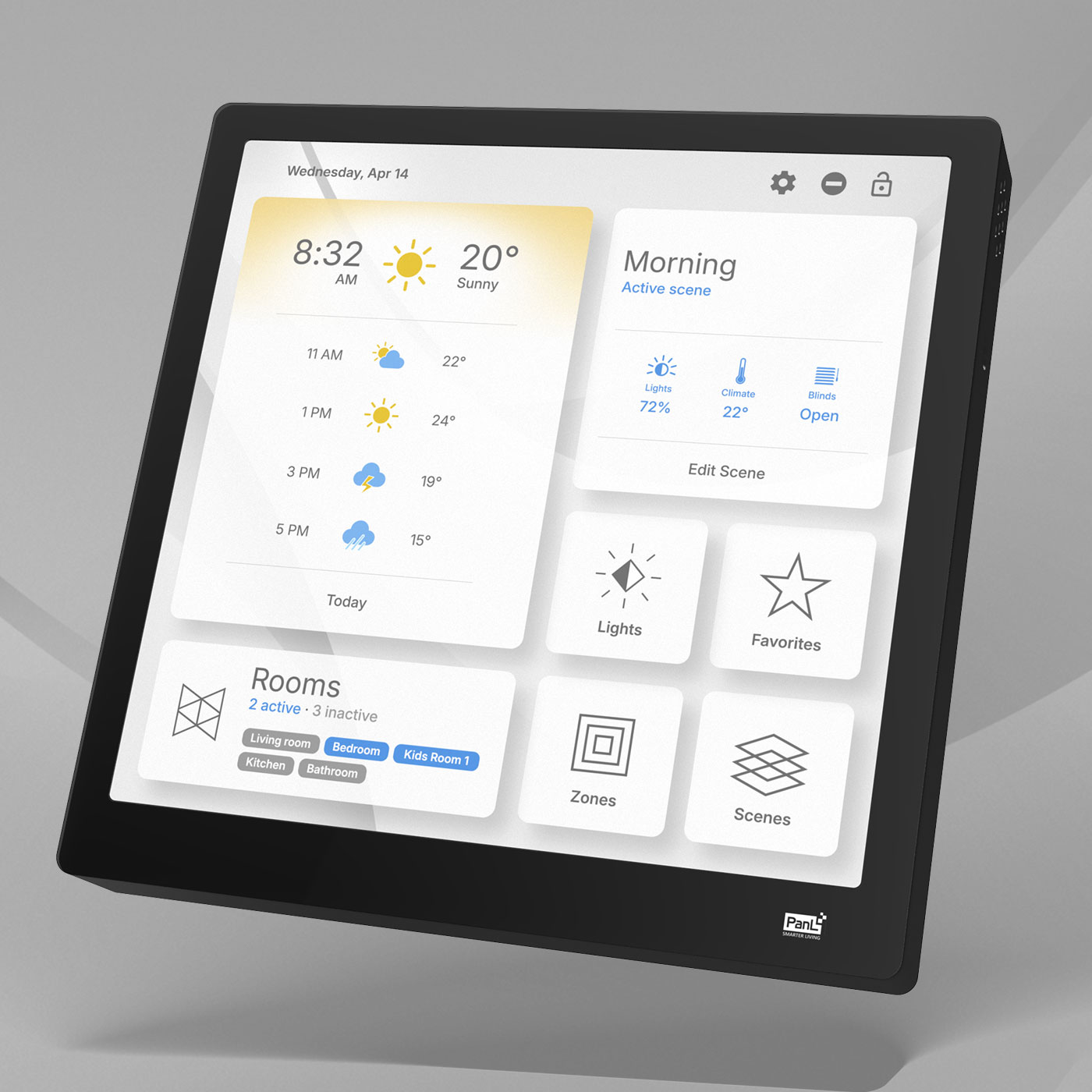 PanL wall hub render showing the smart home dashboard on a touchscreen device