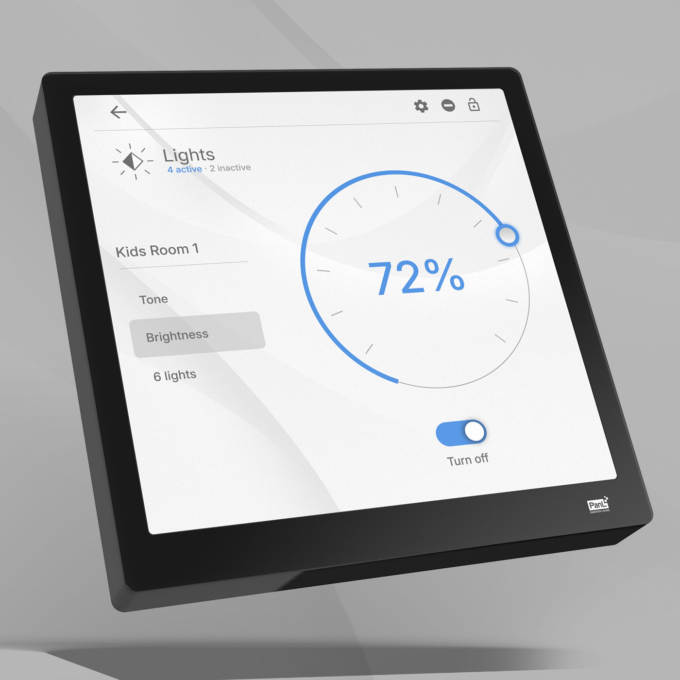 PanL wall hub render showing the scenes interface in dark mode