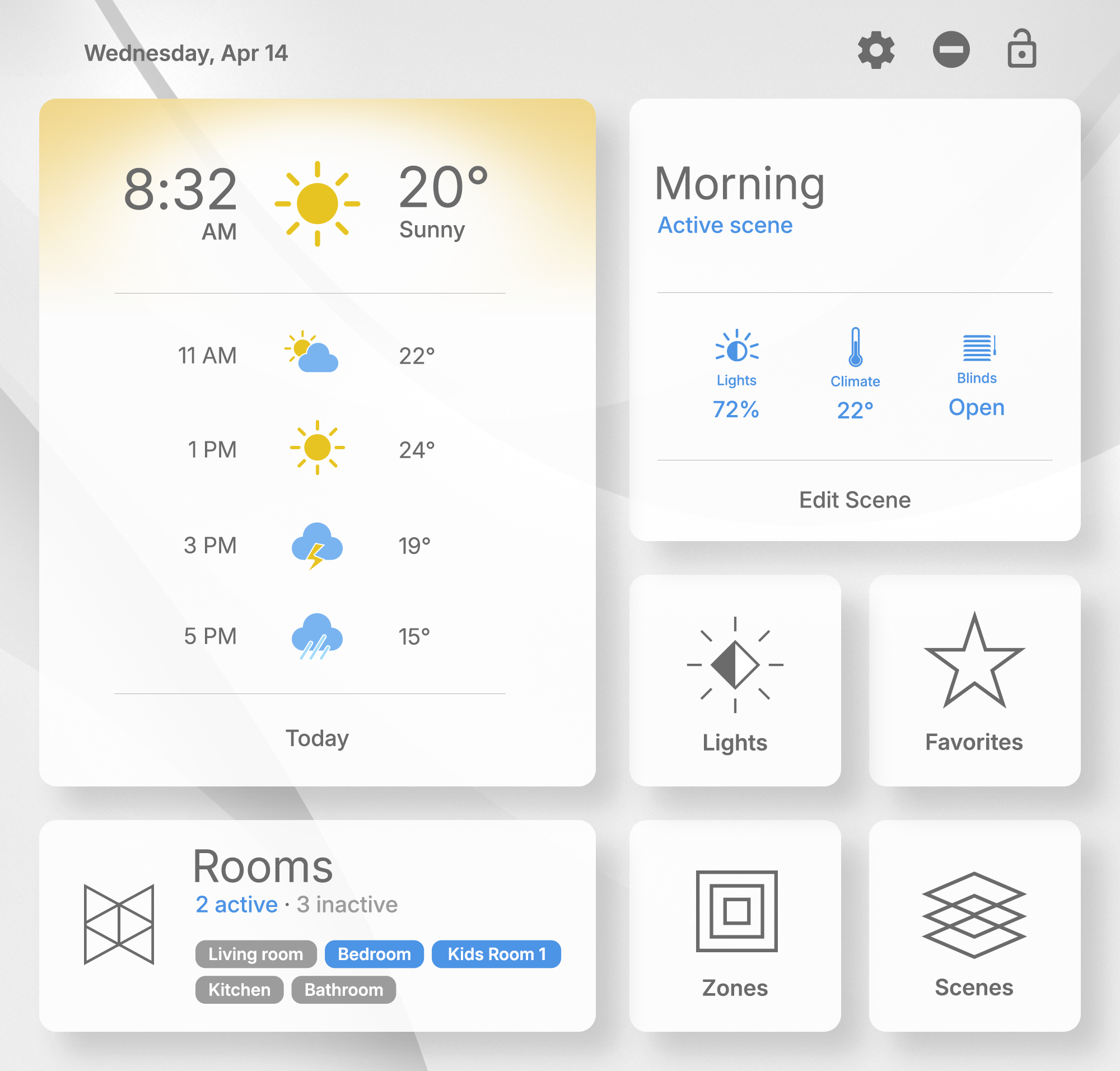 PanL smart home dashboard interface with weather, scenes, rooms, and control cards