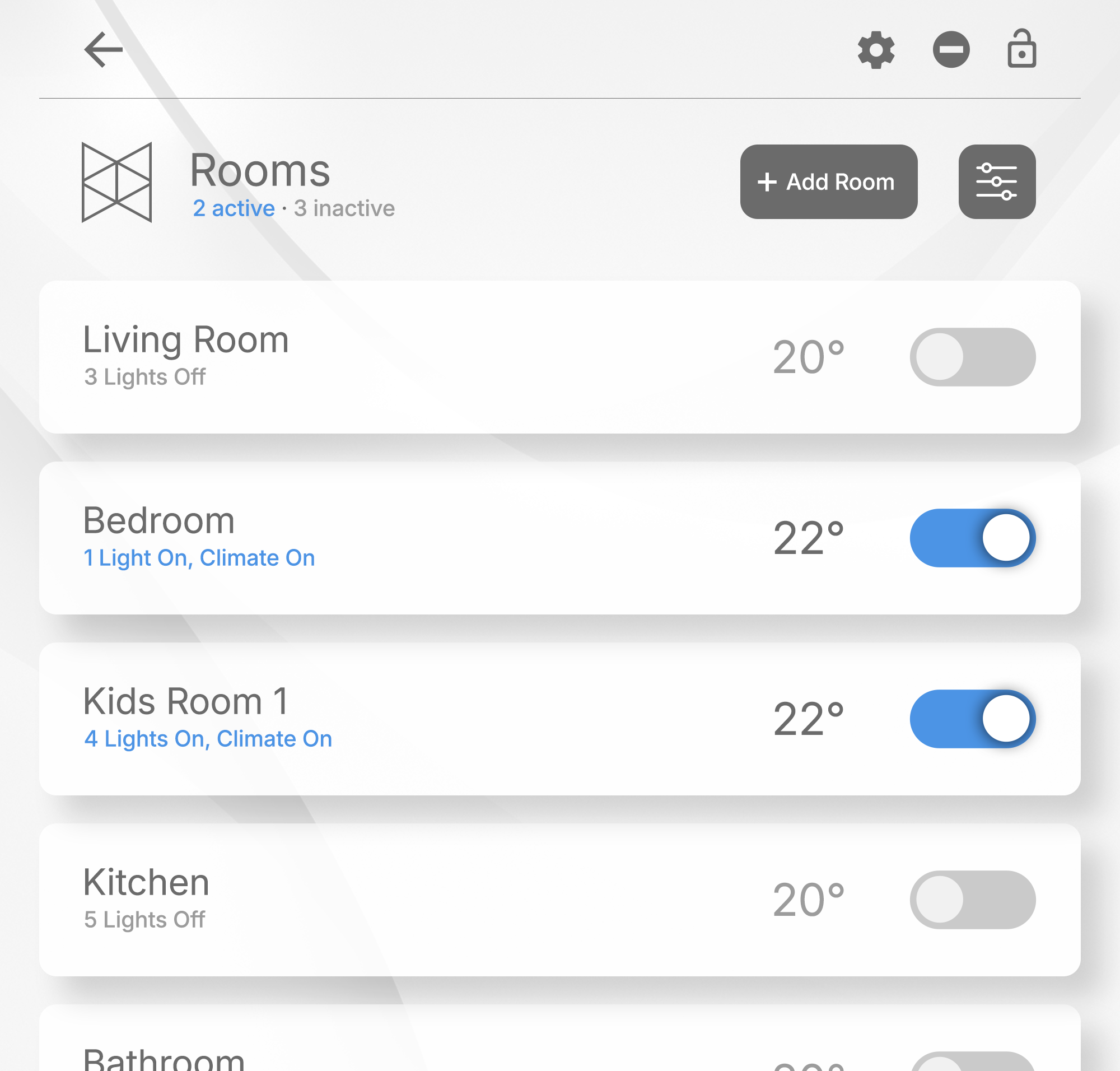 PanL rooms interface showing room status, temperature, and control toggles