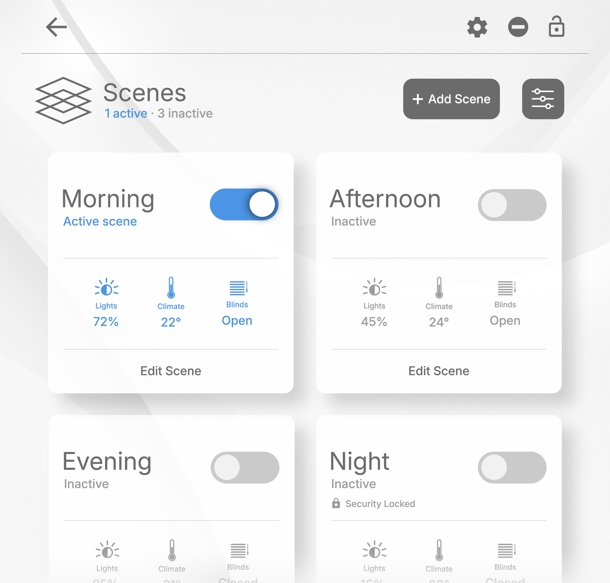 PanL scenes interface showing active and inactive smart home presets
