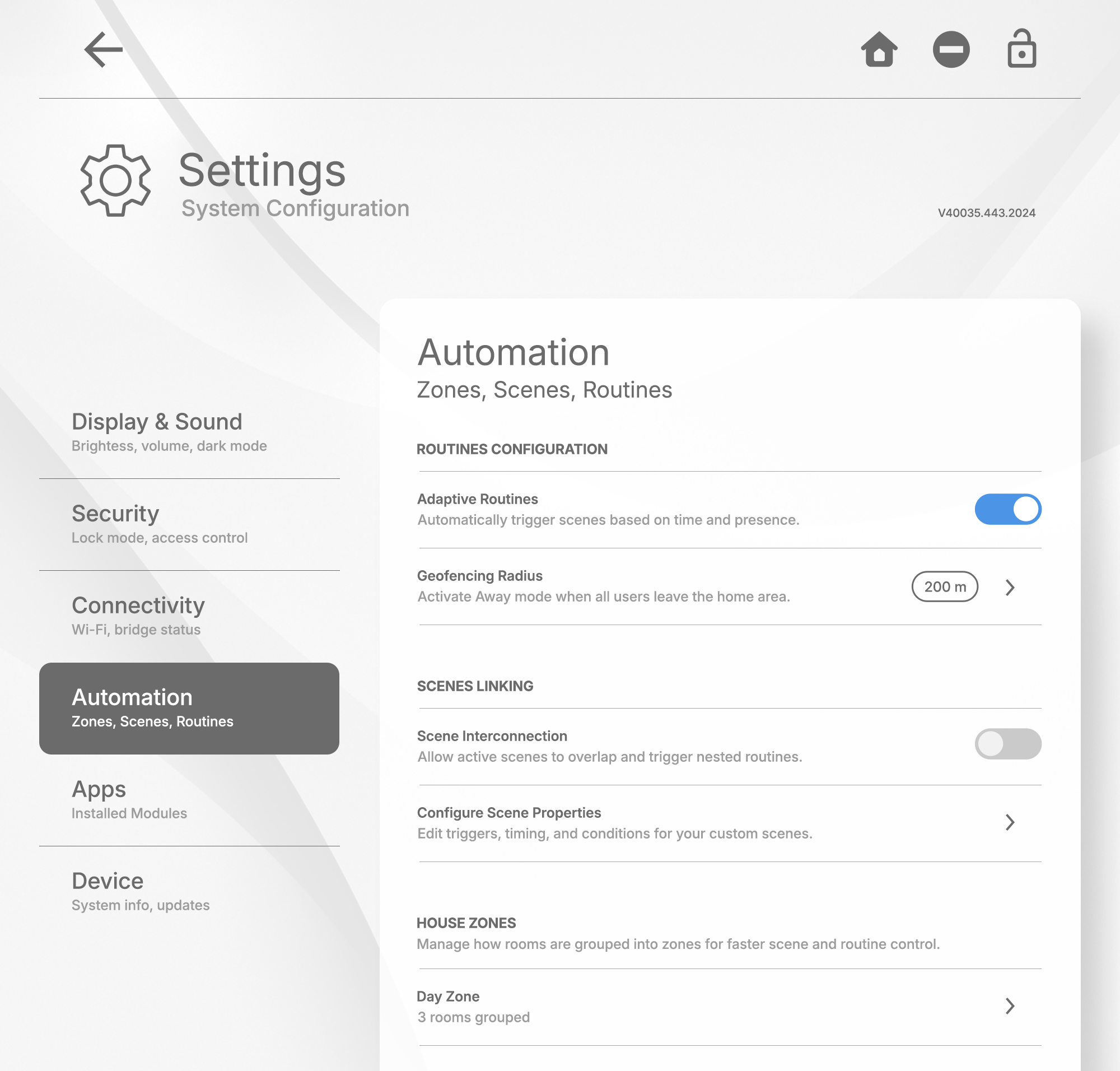 PanL settings interface showing automation and routine configuration