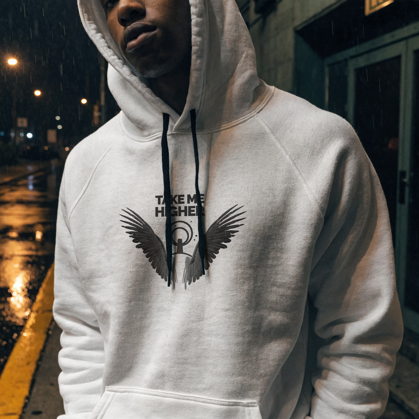 Flavi Predu hoodie mockup with Take Me Higher artwork