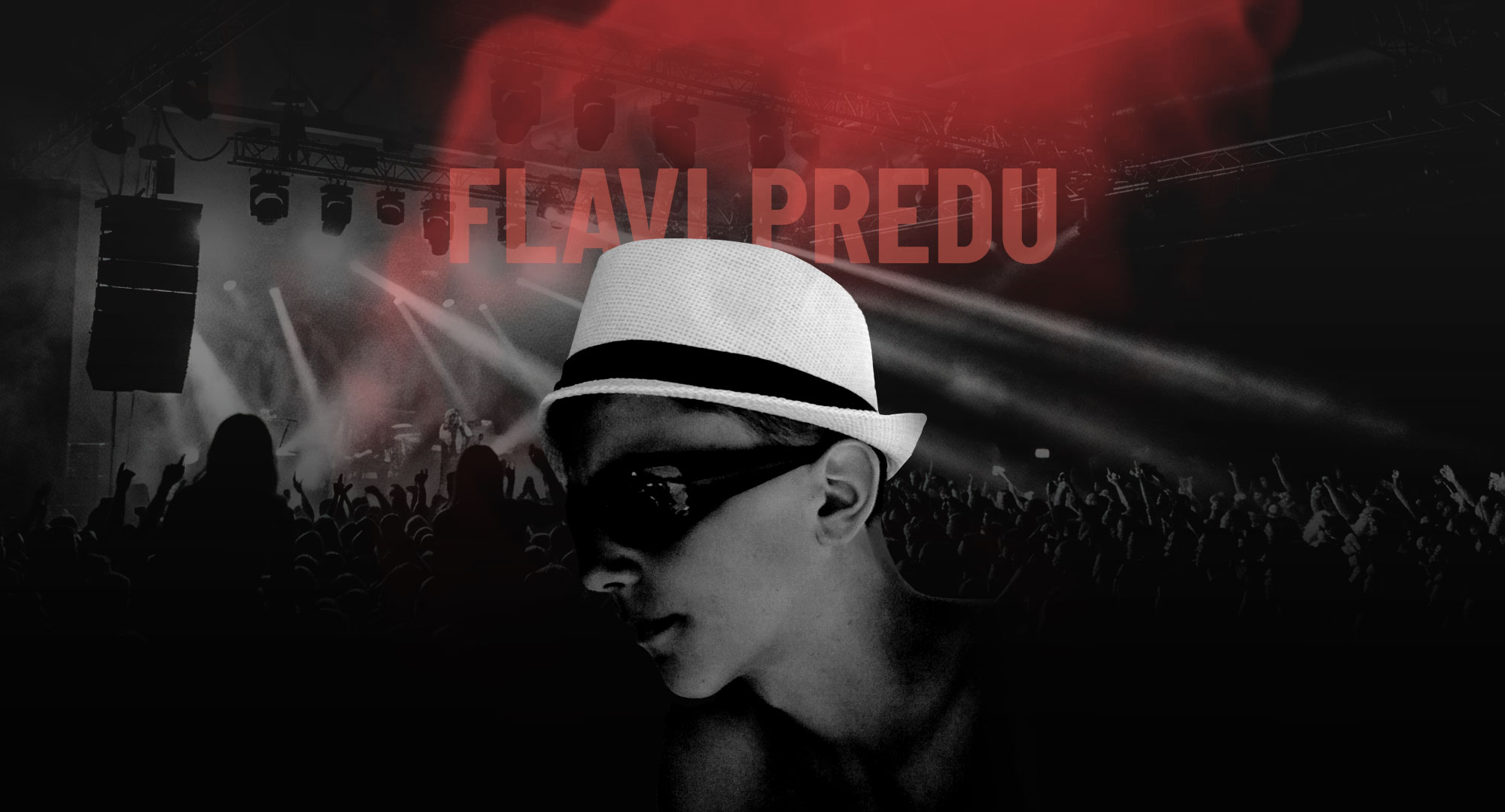 Flavi Predu artist branding hero with concert lights, crowd, and monochrome portrait