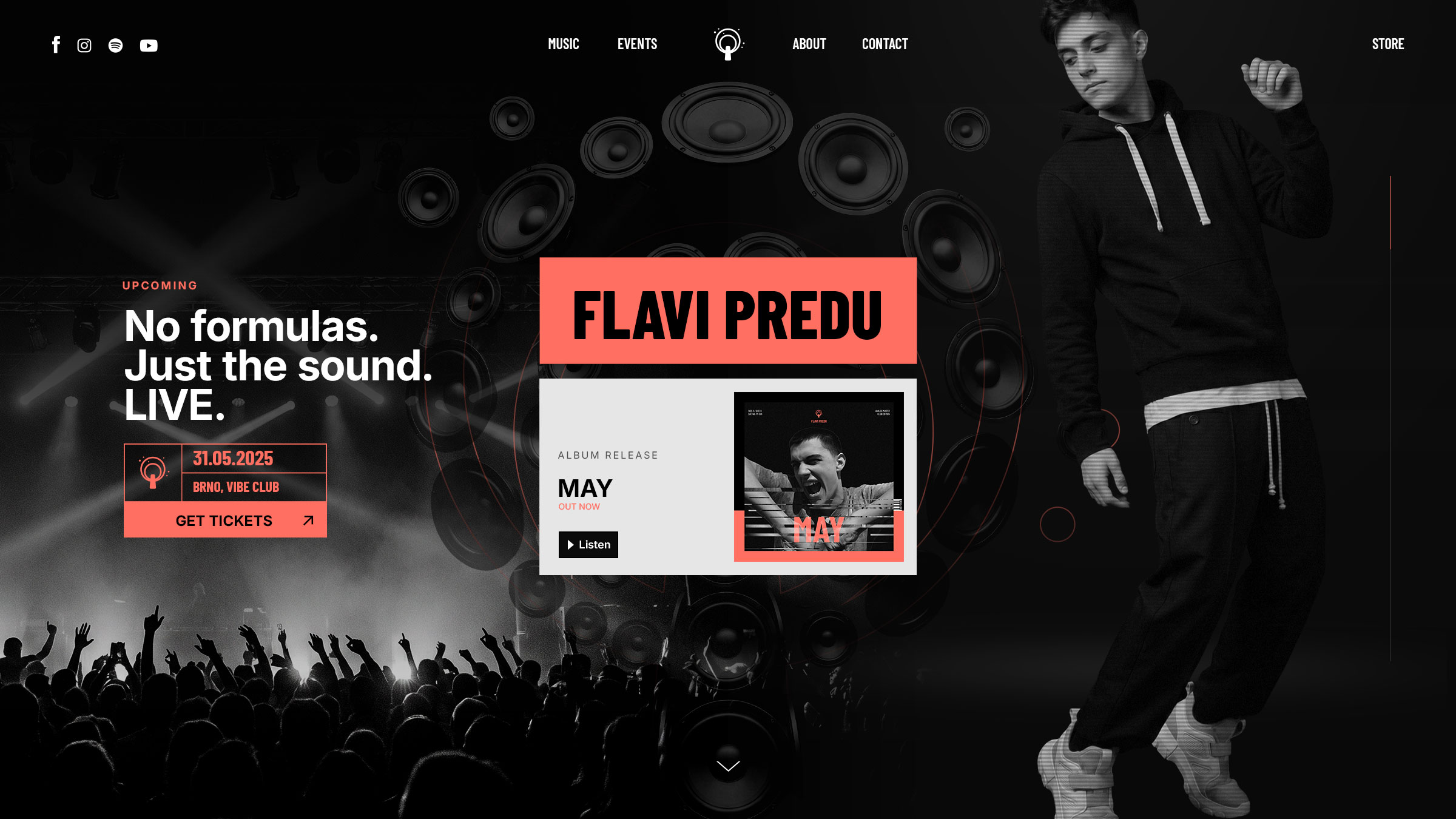 Flavi Predu website homepage concept with event promo, album release card, and artist portrait