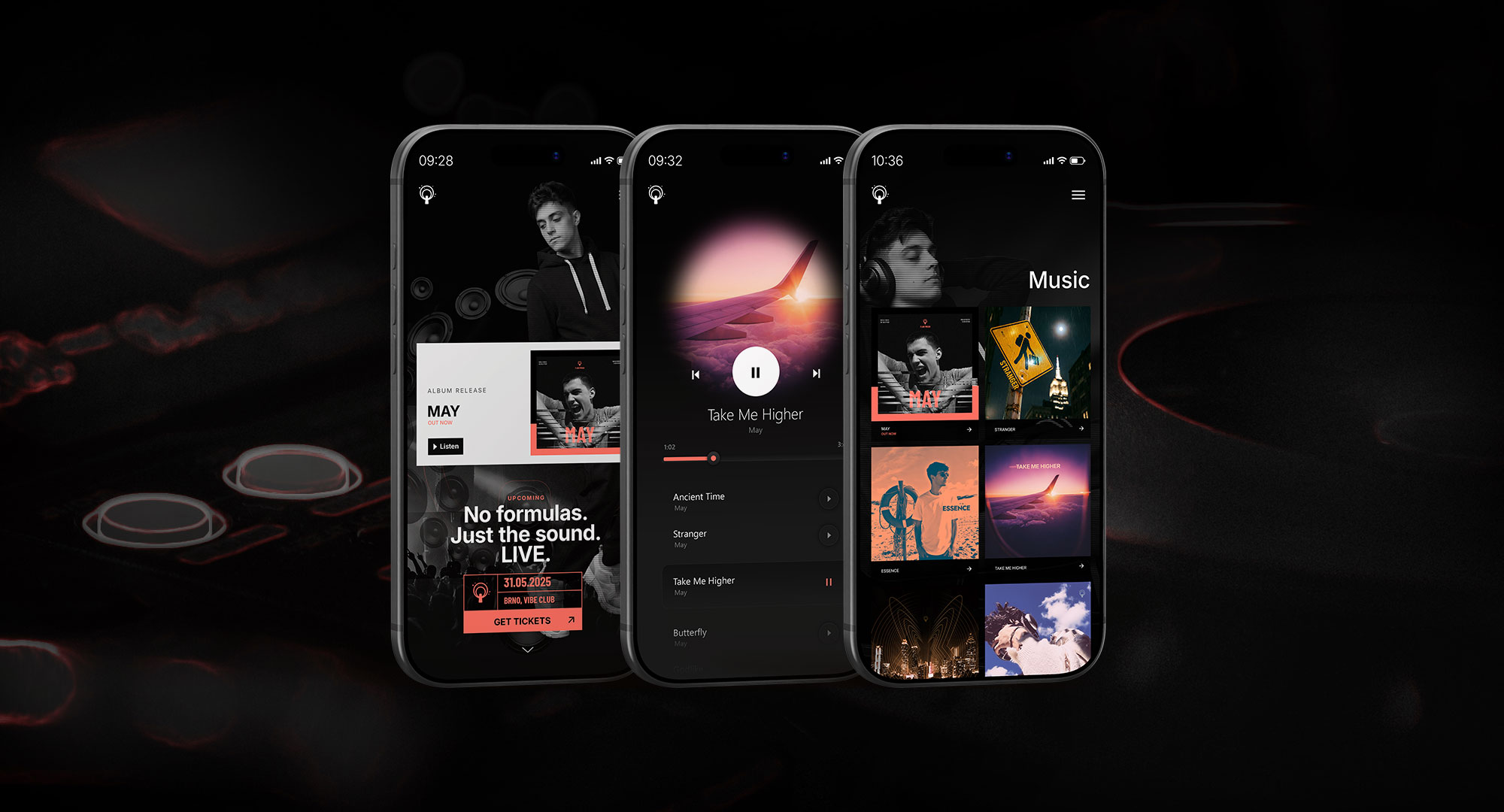 Flavi Predu mobile interface mockups showing event, music player, and music library screens