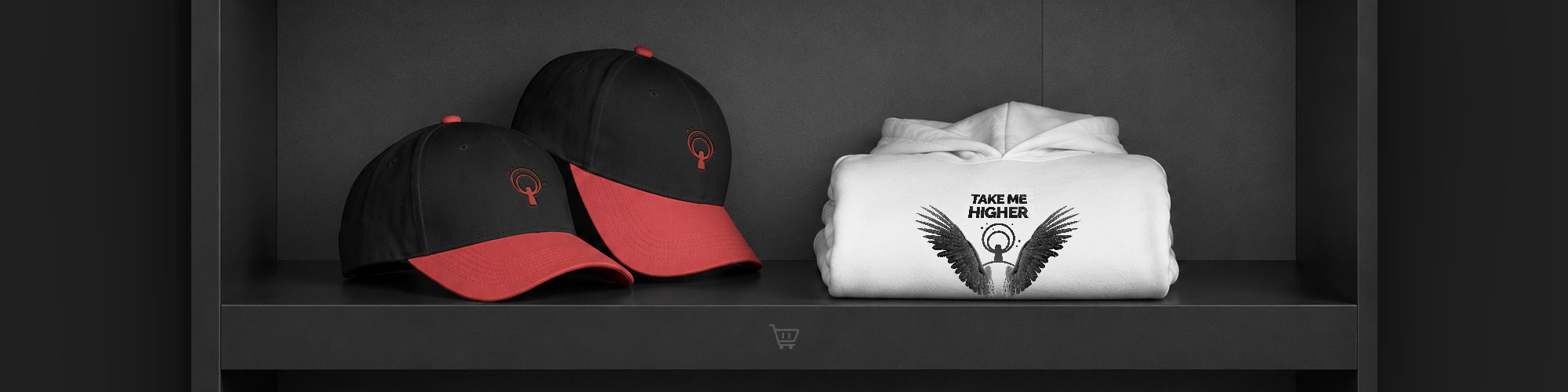 Flavi Predu merchandise shelf with branded caps and hoodie