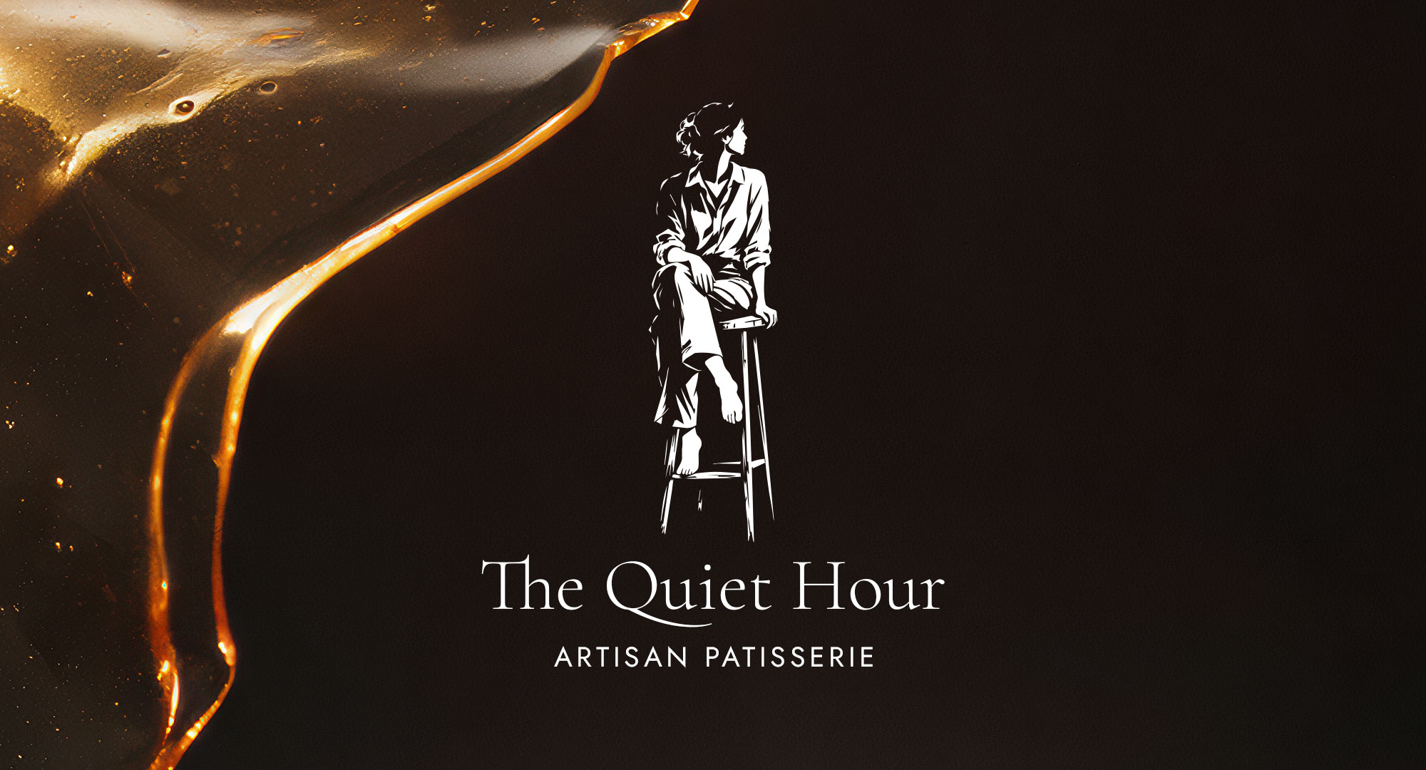 The Quiet Hour illustrated seated figure and wordmark, with the descriptor “Artisan Patisserie” on a dark background.