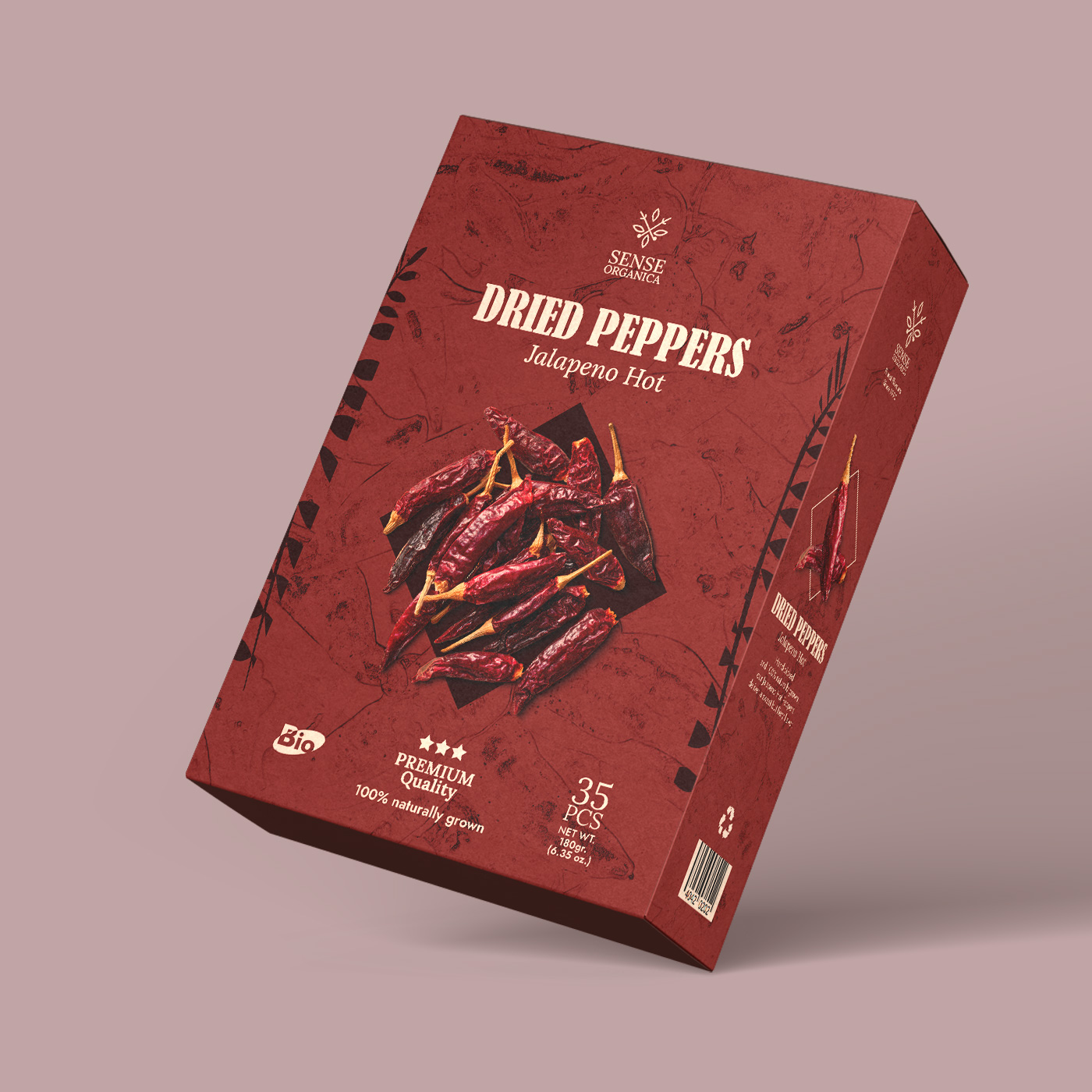 Sense Organica dried peppers packaging box mockup