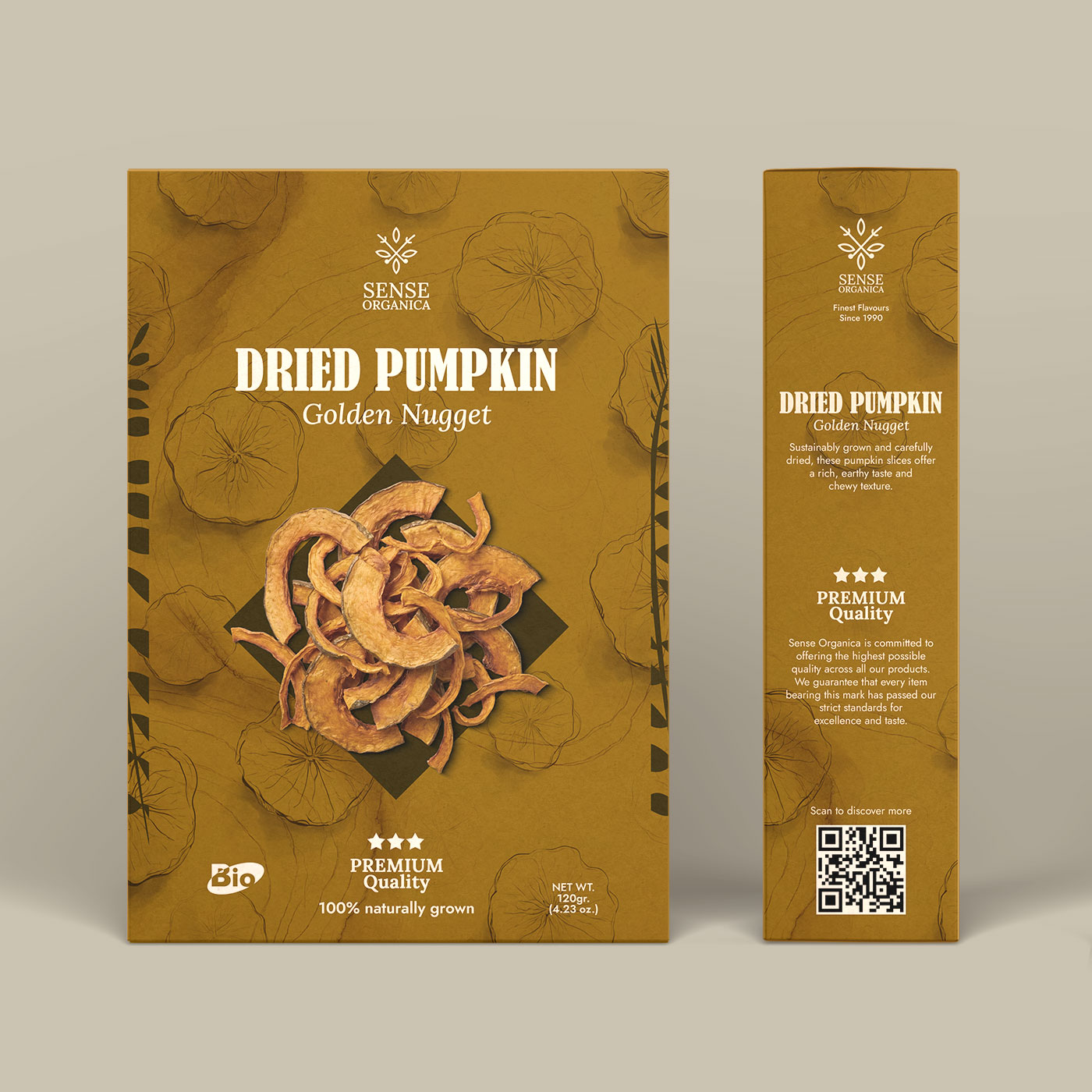 Sense Organica dried pumpkin front and side packaging layout