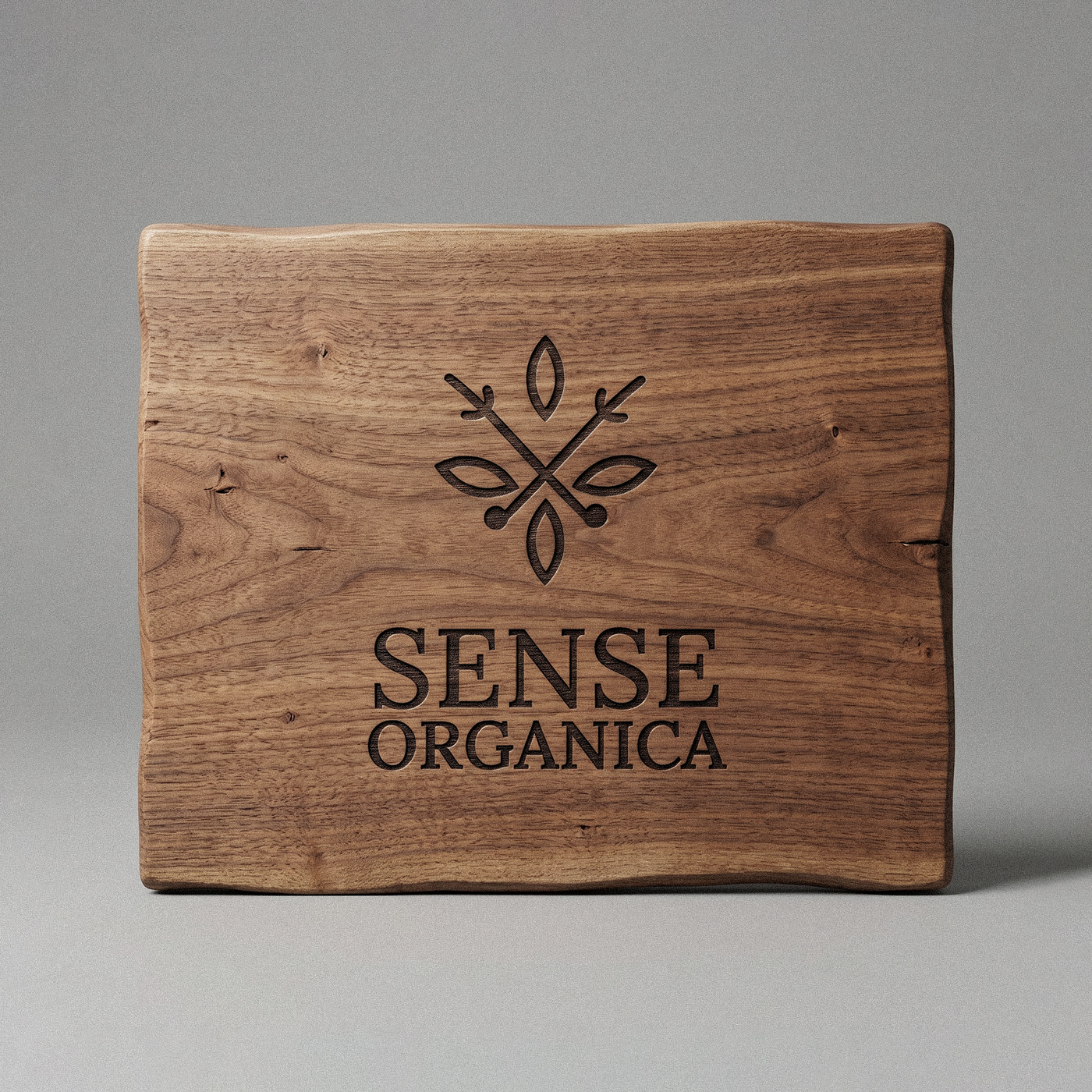 Sense Organica wooden branded sign mockup with engraved logo