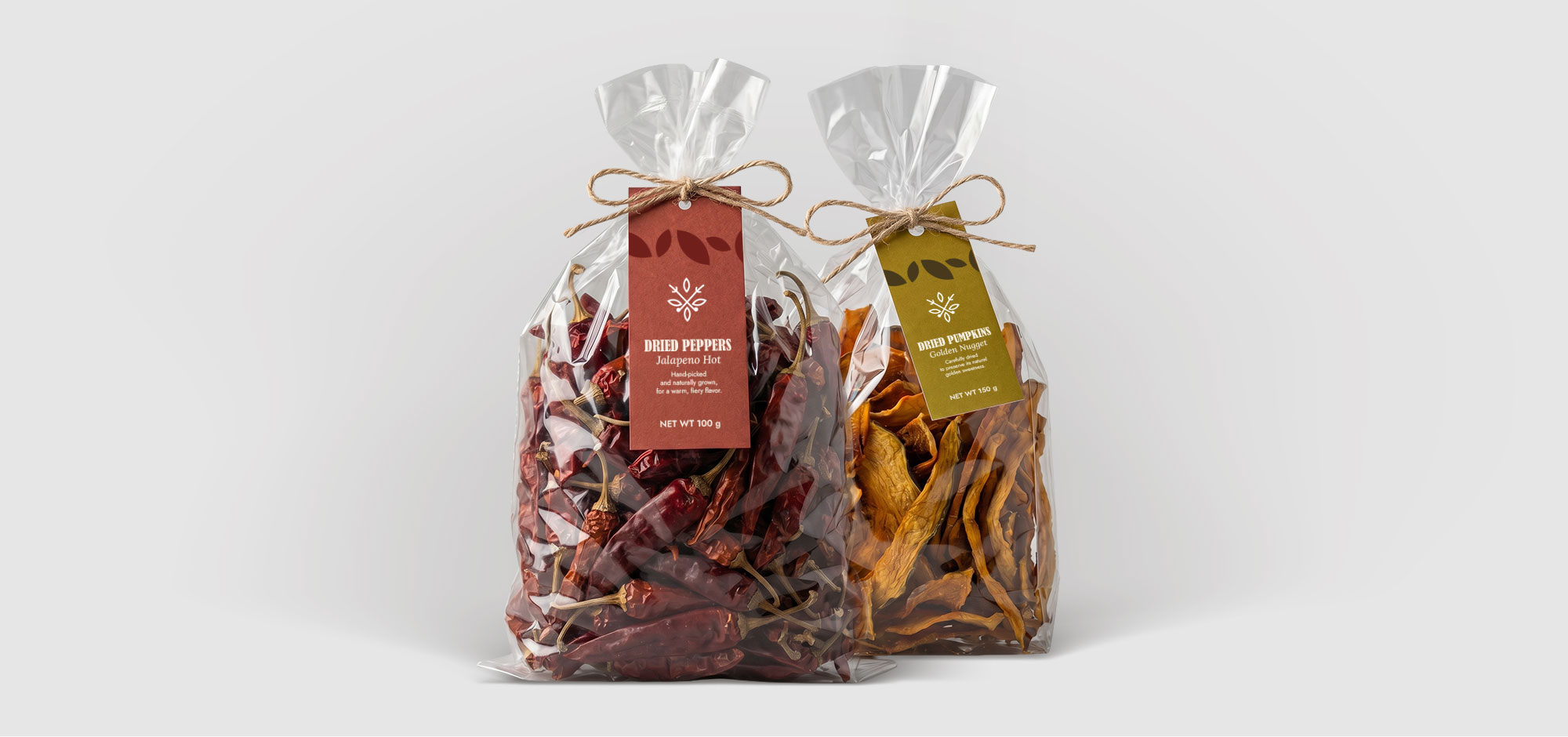 Sense Organica clear bag packaging with dried peppers and dried pumpkin